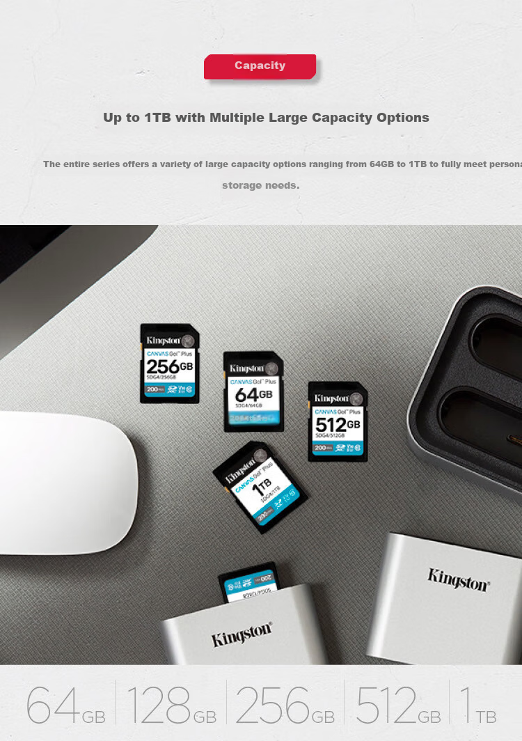 Kingston 1TB SD Card U3 V30 High-Speed Camera Memory Card 4K Ultra HD Recording 200MB/s Read 160MB/s Write 4
