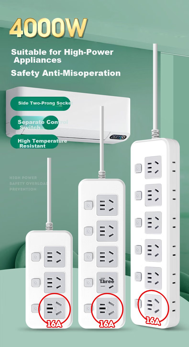 Sushiermo 10A to 16A + 10A 4KW High Power Conversion Plug/Power Strip/Extension Board with 8-Position Independent Switch 2.8m Cord for Air Conditioner/Water Heater 1