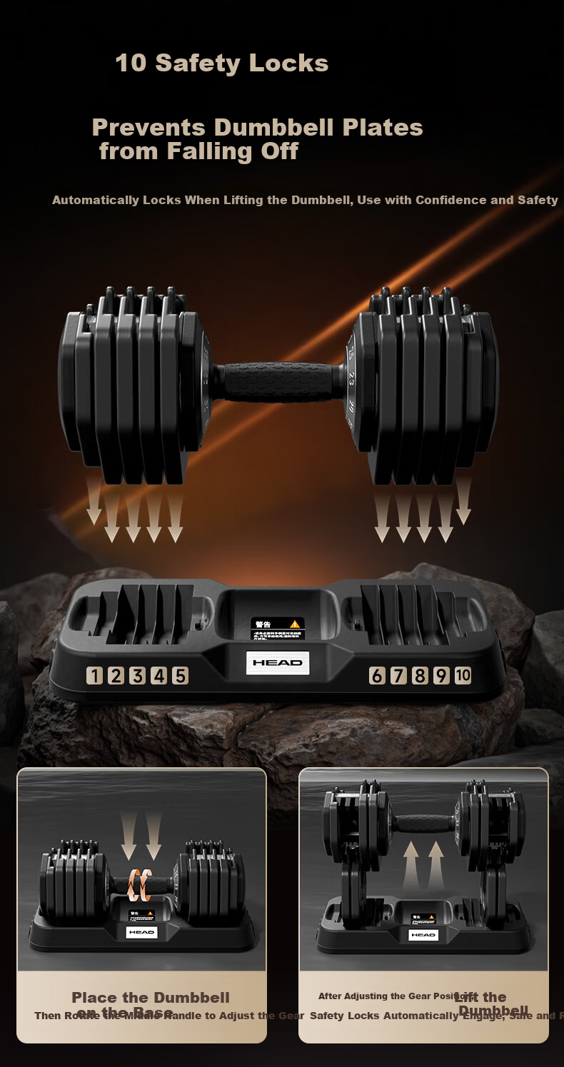 HEAD Adjustable Dumbbells Men and Women Fitness Equipment Home Use Pure Steel Quick Adjustment Set Home Workout Equipment 9