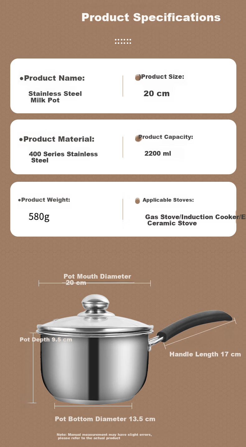 BSITN 20cm Stainless Steel Milk Pot with Steamer Thickened Small Soup Pot Non-Coated Milk Heating Pot Gas Stove Compatible 3618 11