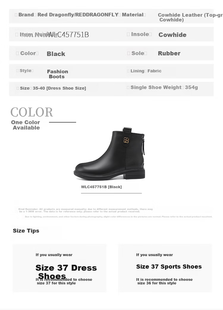 Red Dragonfly Women's Fashion Boots Autumn Winter Height Increasing Versatile Short Boots Commuting Lightweight Stylish Mom Leather Boots WLC457751B Black 38 8