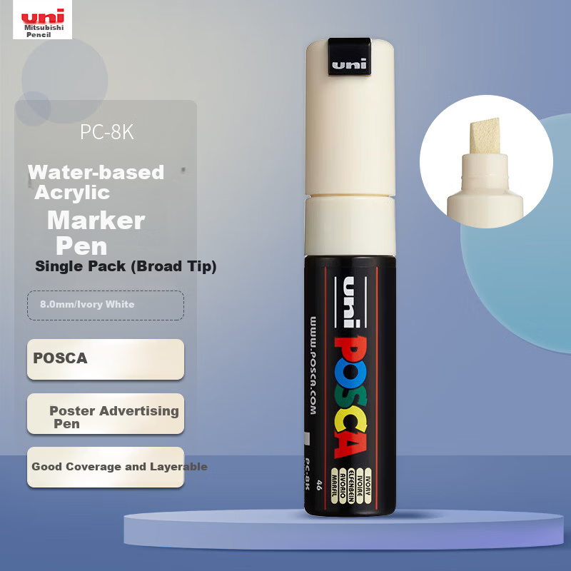 Uni Mitsubishi POSCA Acrylic Marker (Broad Tip) Ivory White Single PC-8K Paint Brush Poster Advertising Marker Drawing Hand-Painted Graffiti Watercolor Art Pen