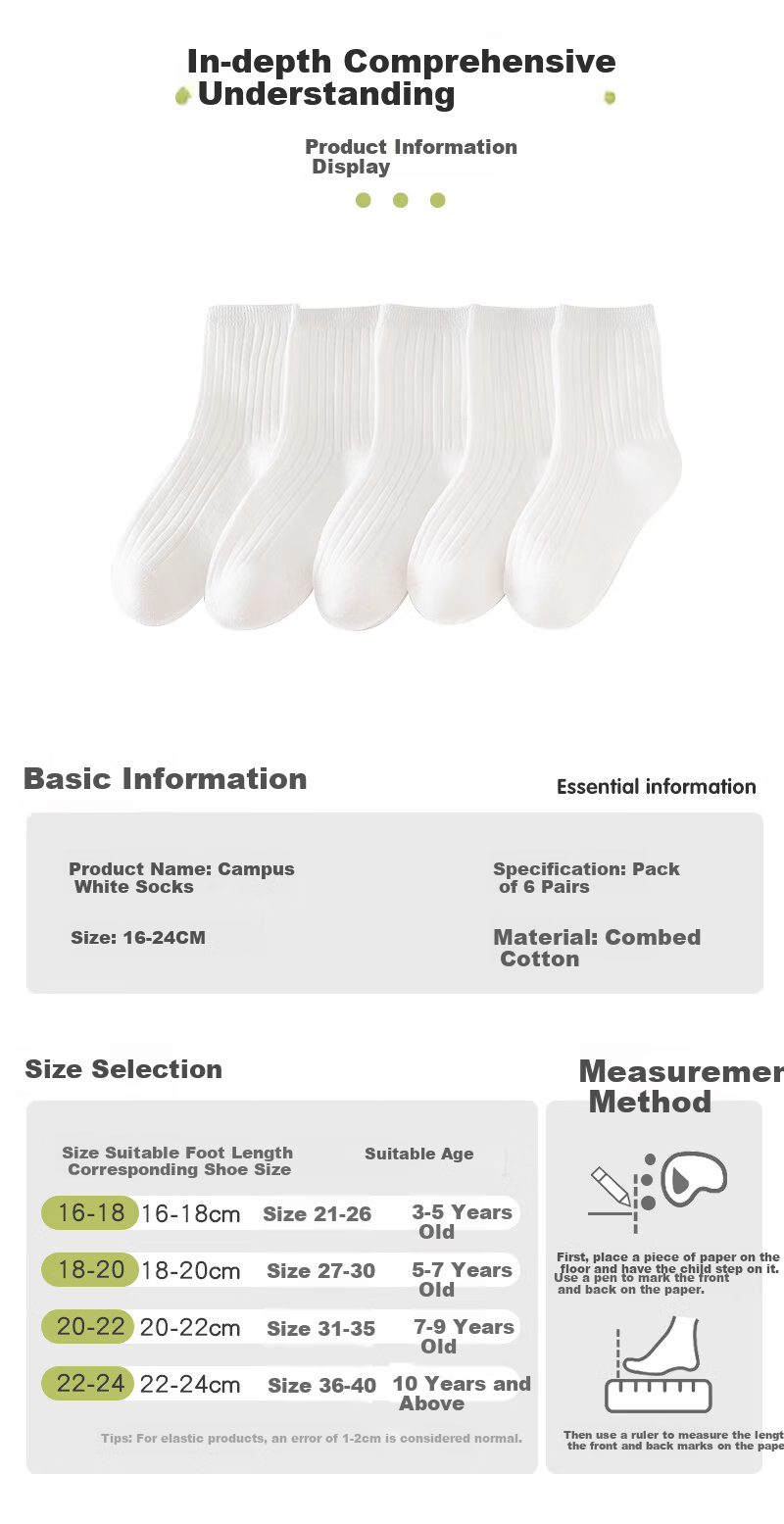 Langsha Children's Socks Unisex Kids Four Seasons School Pure White Mid-Calf Cotton Breathable Versatile Socks for Older Children and Students 2