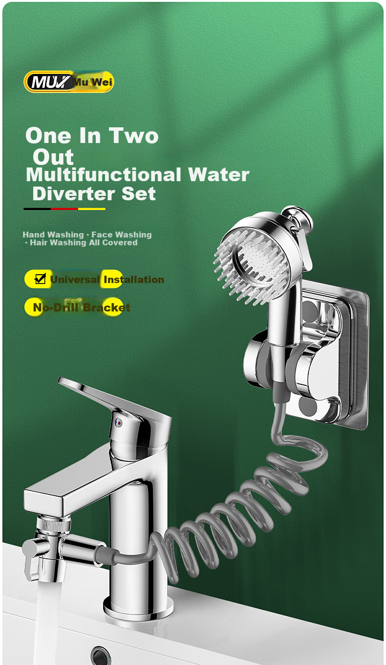 Muvi Faucet Extender External Booster Shower Head Washing Hair Tool Face Basin Mouth Rinse Splitter Adapter 2-in-1 1