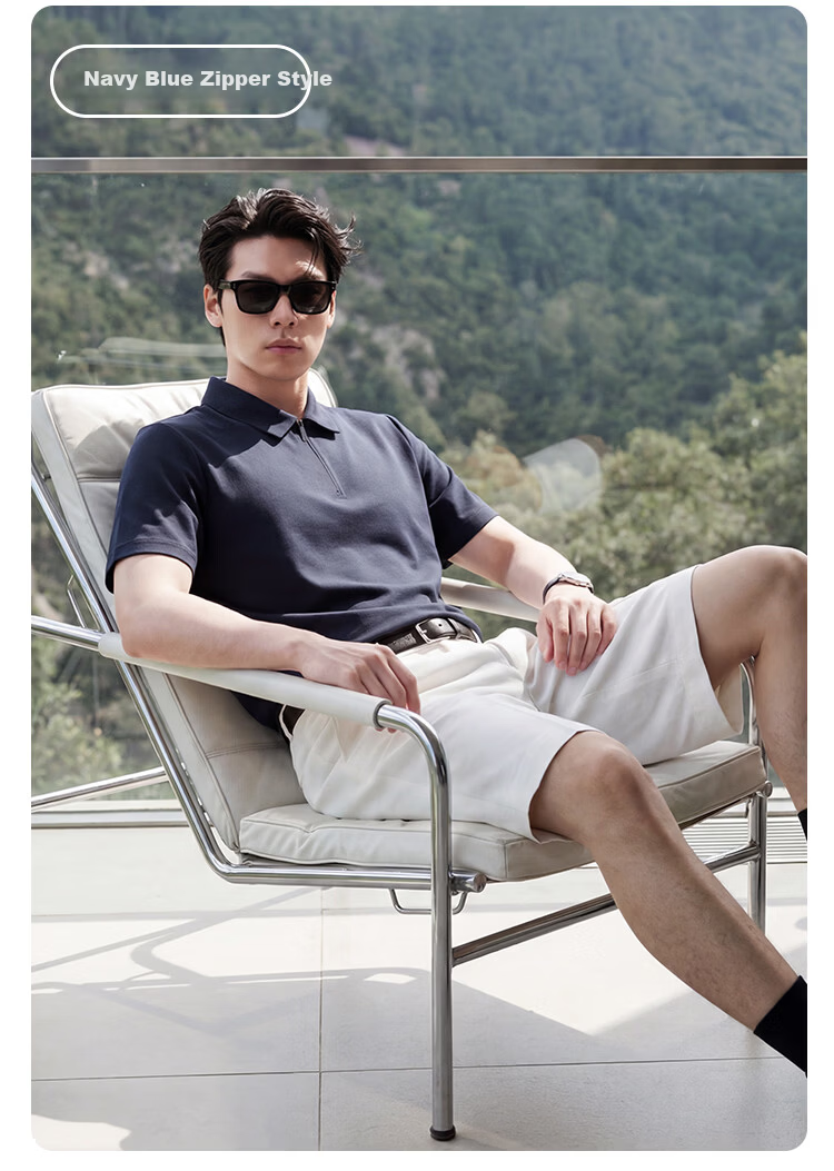 JD Jingzao Mulberry Silk Men's Polo Shirt Short Sleeve High-End T-Shirt Spring Summer Cool Business Casual Elegant Black Zipper M 11
