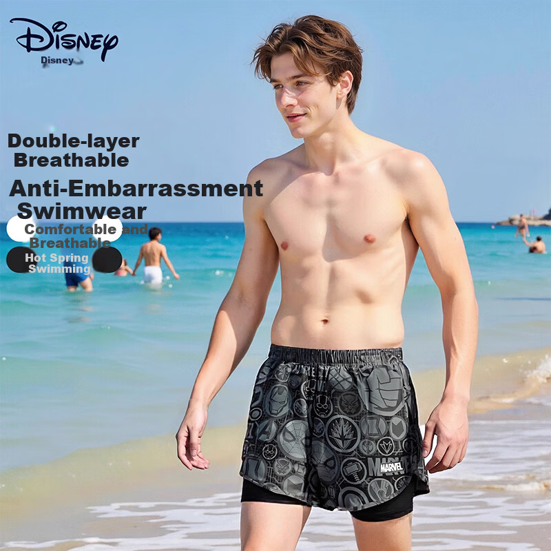 Disney Men's Two-in-One Loose Beach Quick-Dry Hot Spring Boxer Swim Trunks Set D25045 Black L