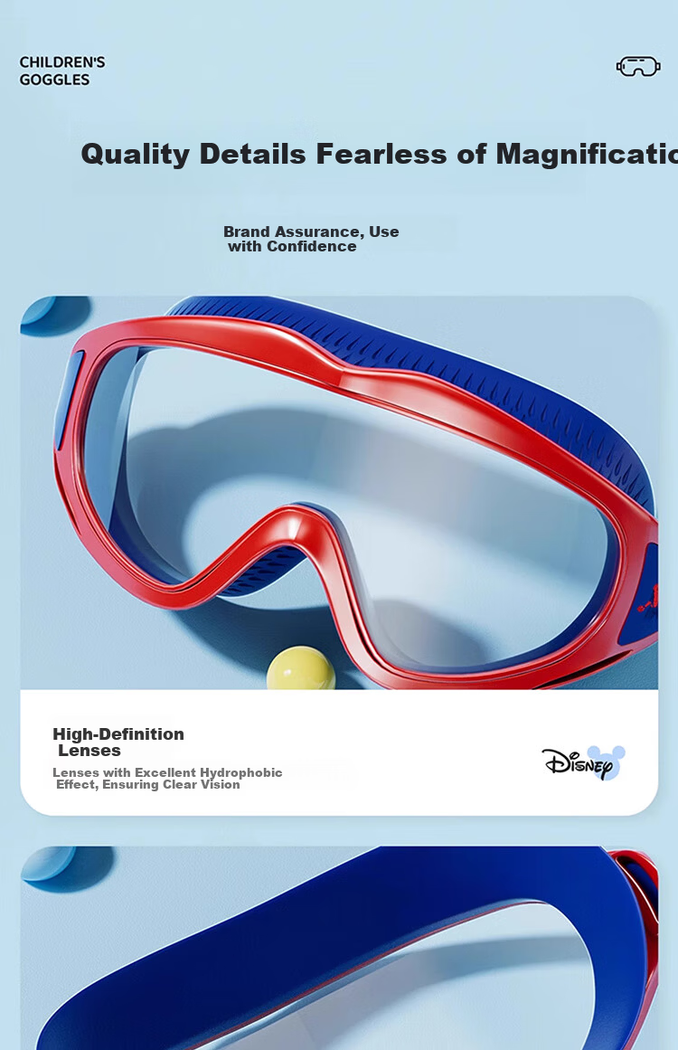Disney Kids Swimming Goggles Boys Girls HD Waterproof Anti-Fog Large Frame Swim Glasses 3-Piece Set D65646 Spiderman Blue Red 18