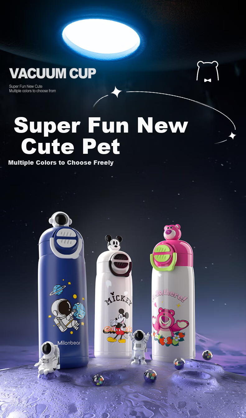 Milun Bear Kids Insulated Bottle 316 Food Grade Children's School Water Bottle with Dual Lid, Straw, Direct Drinking, and Cup Sleeve 1