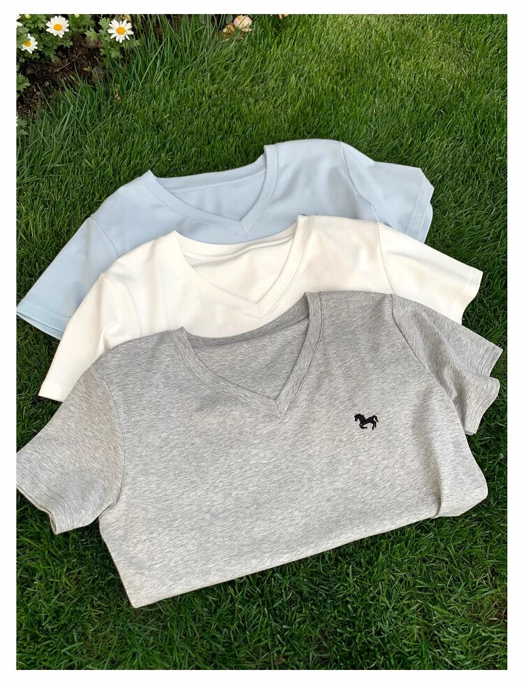 ICH MODE Women's V-Neck Pony Embroidered Short Sleeve T-Shirt Summer Tee 2026 New Slim Fit Top Heather Gray L 6