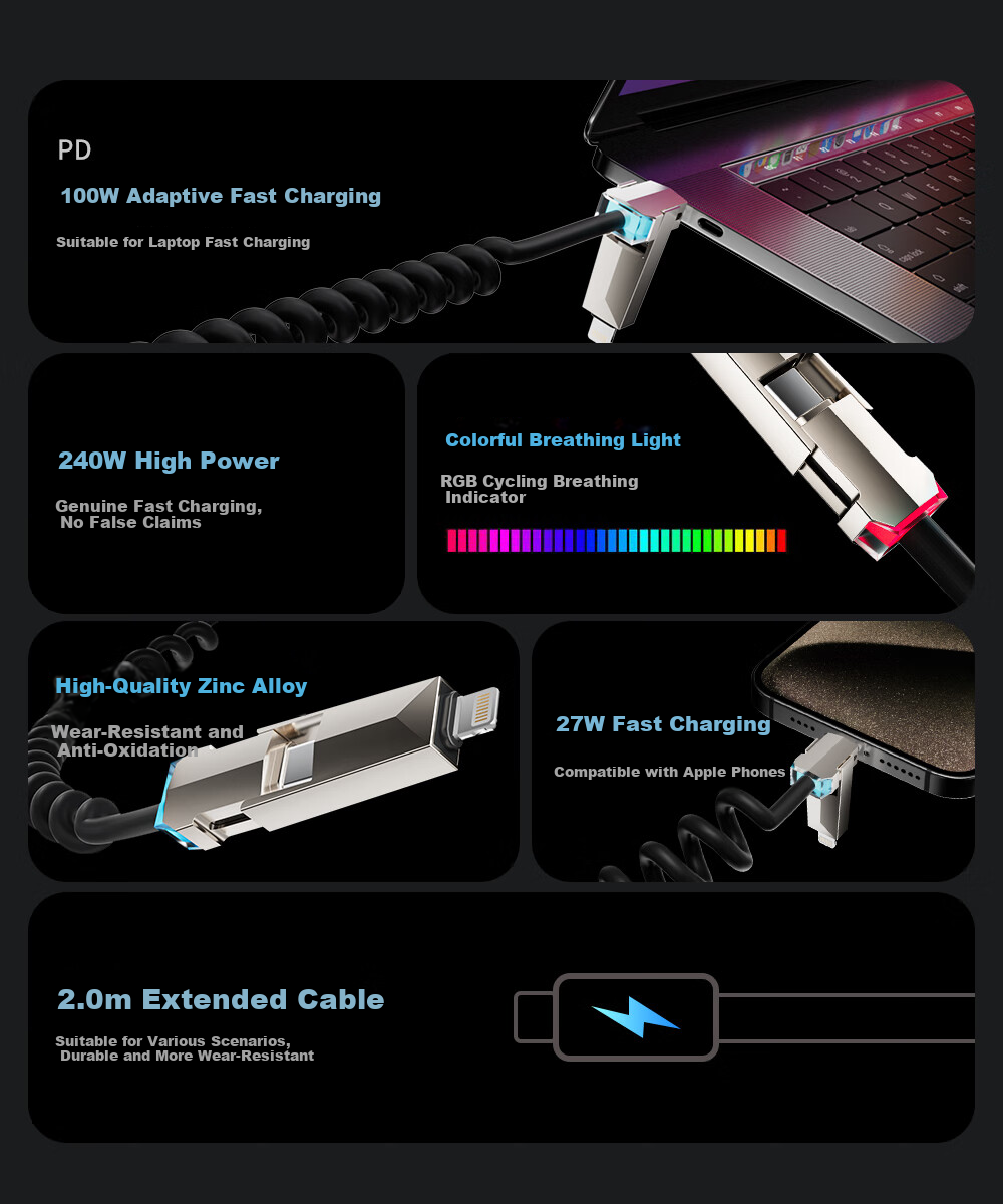 Beimo, Suitable for Tesla Car-Specific Charging Cable, Type-C Four-In Spring Retractable Data Cable, 240W Power Fast Charging, IPhone18/17promax, Huawei/Xiaomi 2
