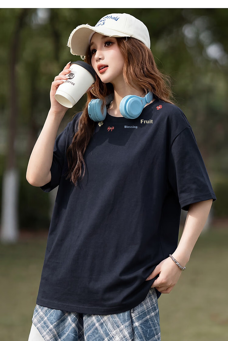 TonLion 2026 Summer New Women's Short Sleeve T-Shirt Round Neck Navy Blue Pure Cotton Unique Design Shoulder Top Trend 8