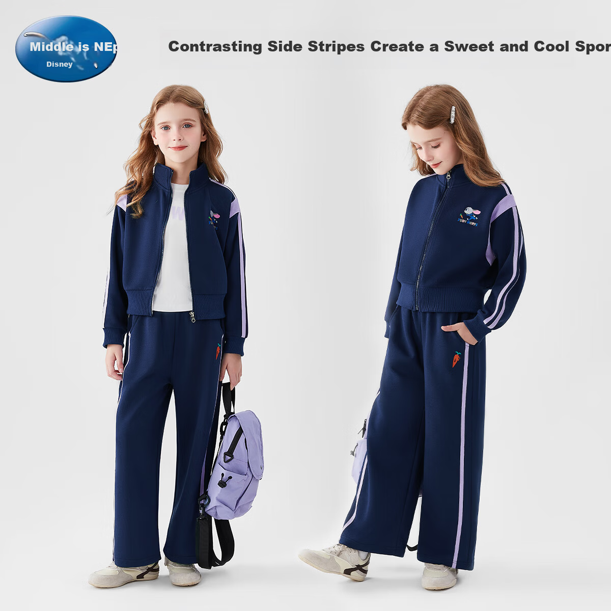 Disney Girls' Spring Autumn Fashion Sportswear Set Stylish Jacket and Pants Zootopia Navy Blue Size 160