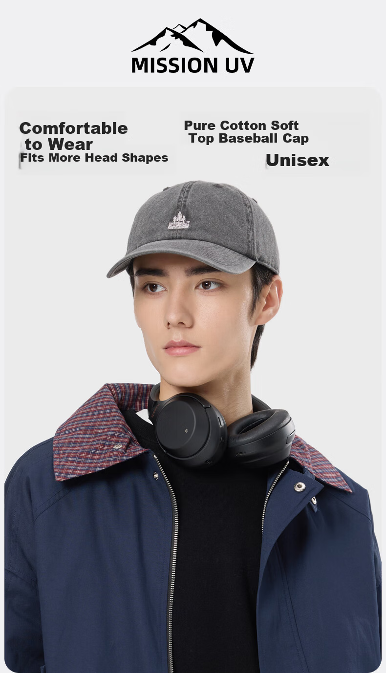 MISSION UV Soft Top Pure Cotton Baseball Cap Unisex Four Seasons Outdoor Casual Sunshade Sunscreen Duckbill Hat Versatile Slim Face Hat 1