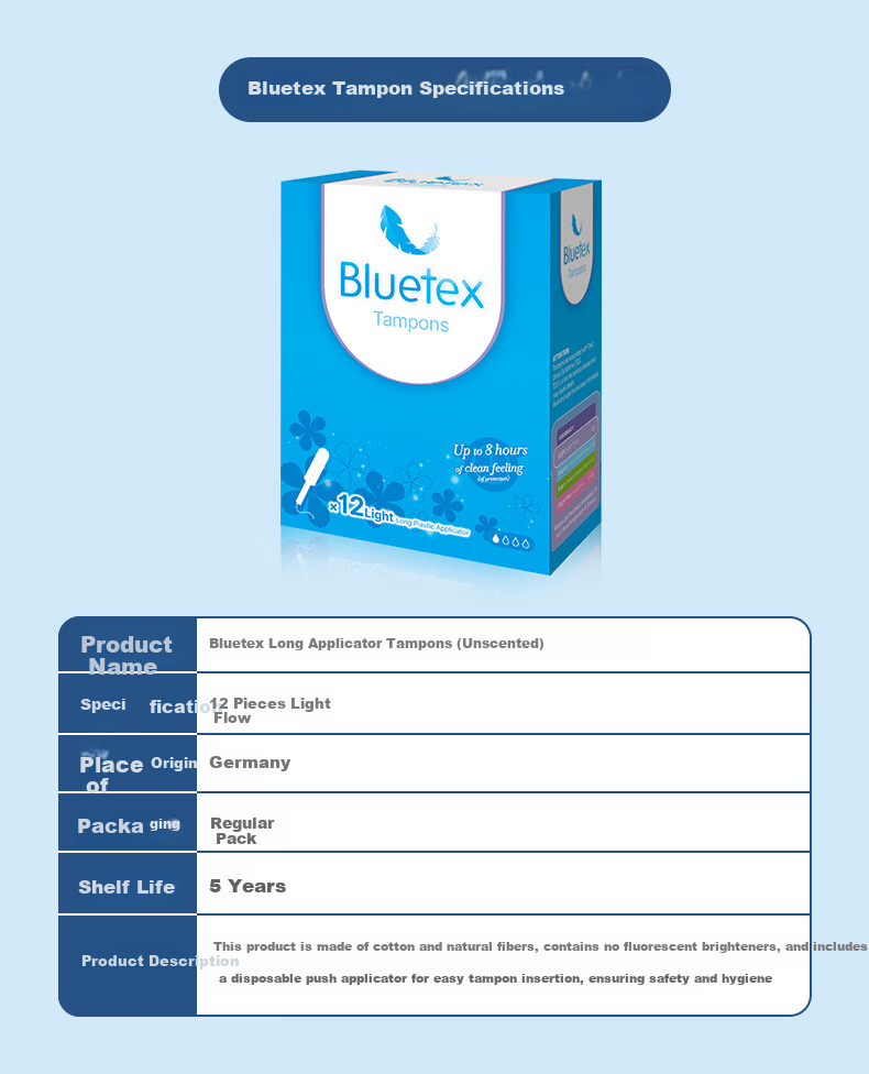 Bluetex Tampons Long Applicator Light Flow 12pcs Internal Sanitary Pads Menstrual Swimming Special JD Self-operated 6