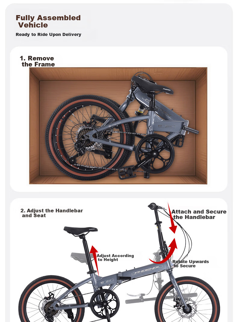 Phoenix Folding Bike Adult Aluminum Frame Shimano 7-Speed 20-Inch Portable Commuter Pre-Assembled 1