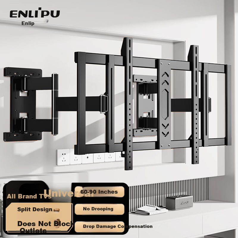 Enlip Ultra-Thin Recessed Split Telescopic TV Wall Mount Bracket 65-90 Inch Compatible with Xiaomi Hisense TCL Skyworth 75/85 Inch TVs No Obstruction to Sockets and Speakers