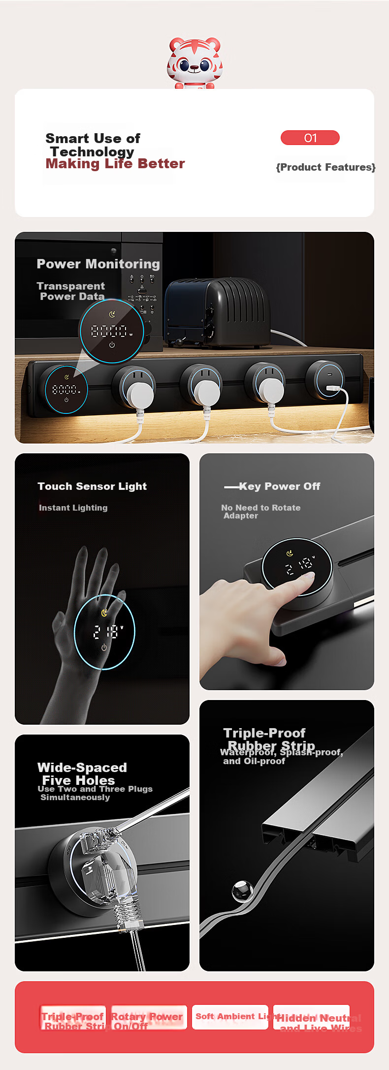 Guojidiangong Track Socket with Display Screen, Wall-Mounted Movable Power Strip, Smart Digital Display Timer Control, Kitchen Sideboard Slide Rail Surface-Mounted Extra-Long Track 100cm Black 2
