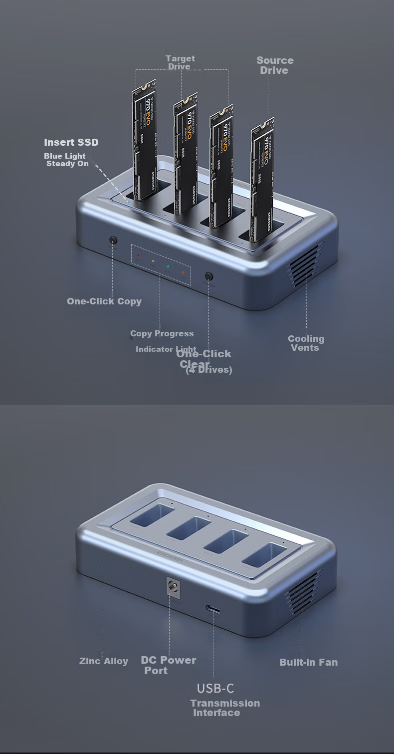 GODO System Cloning And Copying Machine, M.2 SSD Docking Station, Four-Bay NVMe Replication, One-To Thunderbolt 40Gbps 3