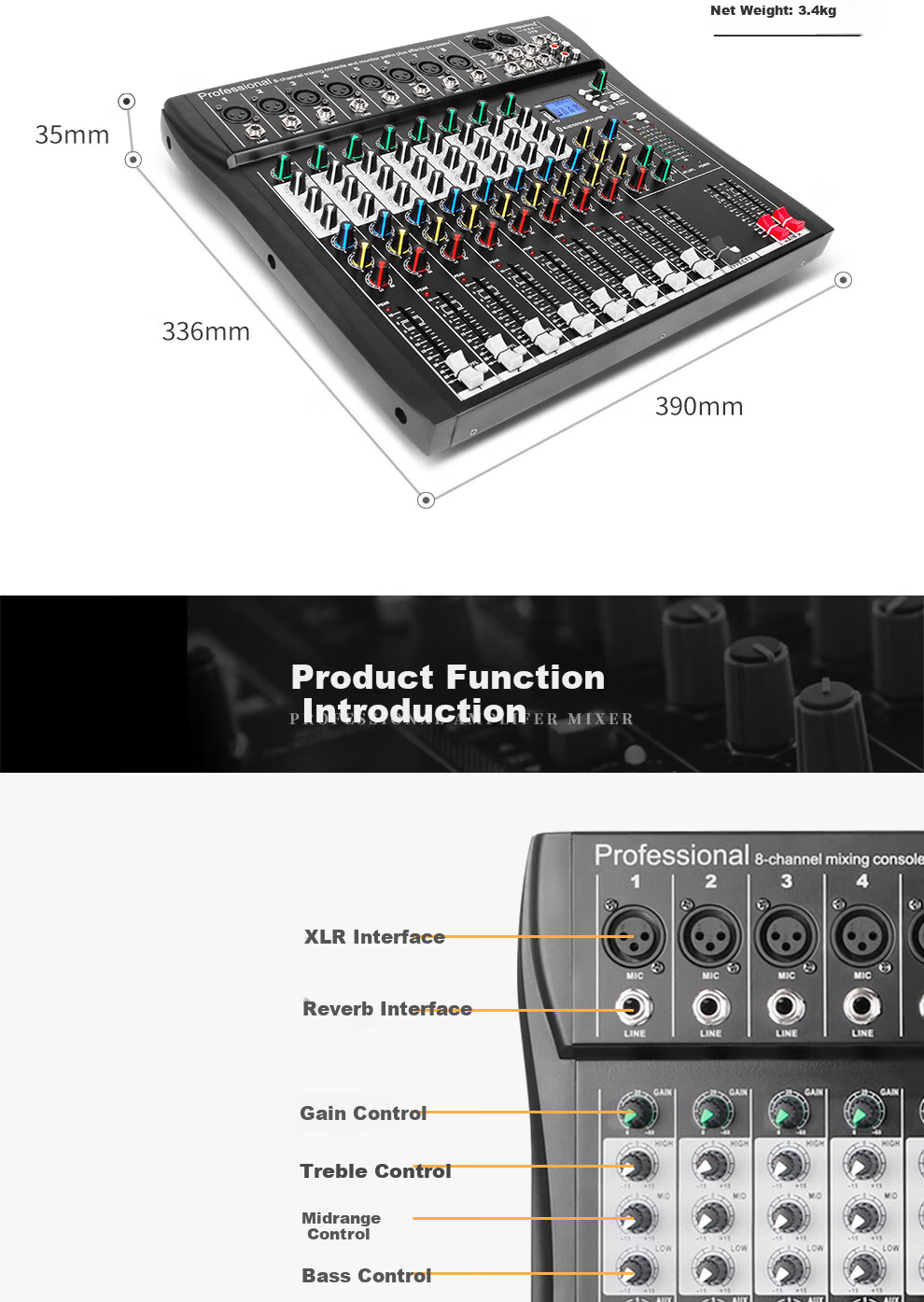 Depusheng DT8 Professional 8-Channel Mixer Stage Performance Video Conference Training Recording Live Singing Reverb USB Bluetooth MP3 Playback Multi-Channel Control Outdoor with Effects Equalizer 11