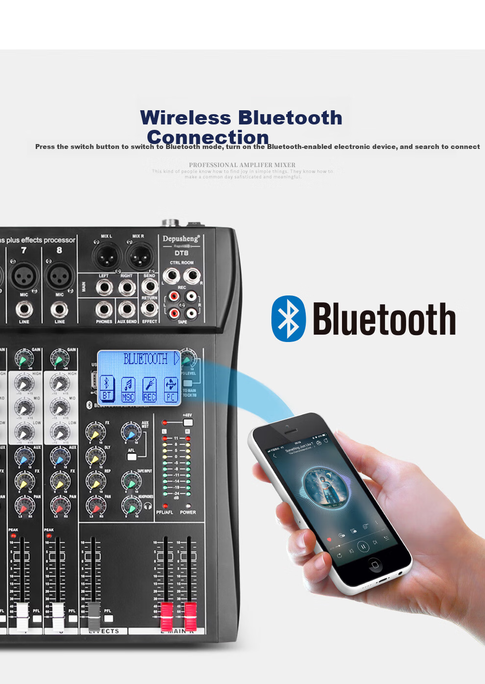 Depusheng DT8 Professional 8-Channel Mixer Stage Performance Video Conference Training Recording Live Singing Reverb USB Bluetooth MP3 Playback Multi-Channel Control Outdoor with Effects Equalizer 4