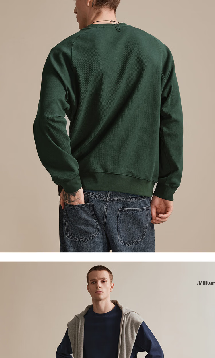 Giordano Designer Green Textured Crewneck Loose Fit Sweatshirt Men Spring New 18025805 15