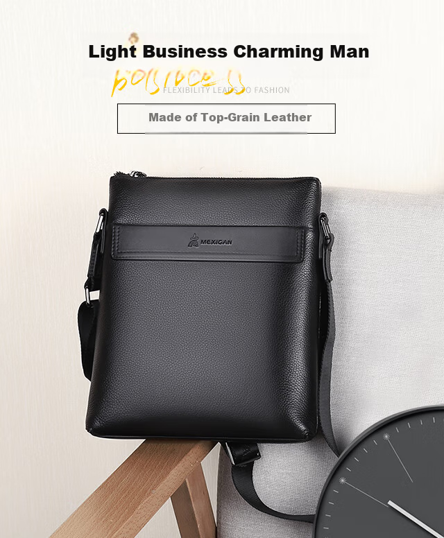 MEXICAN Men's Single-Shoulder Crossbody Handbag, Top-Grain Leather, Commuter Bag, Business Fashion, Travel-Friendly, Lightweight, Large Capacity, Birthday Gift 3