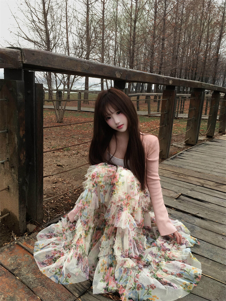 Langsha Floral Mesh Half Skirt Women 2026 New Irregular A-Line High Waist Slim Sweet Mid-Length Puffy Cake Skirt 9