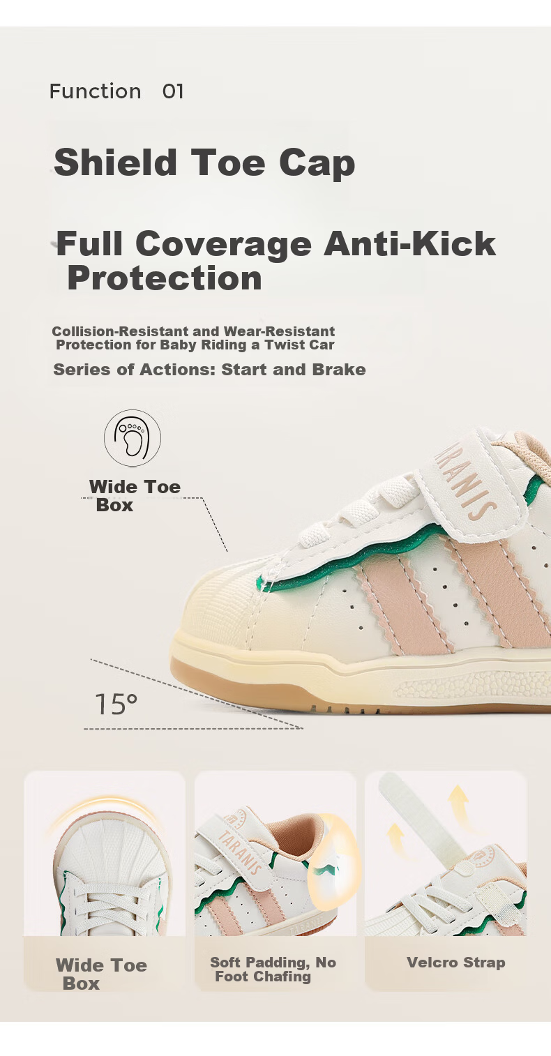 TARANIS Spring Girls' Walking Shoes, Boys' Toddler Anti-Kick Shell Toe Functional Shoes, White/apricot/green, Size 26 2