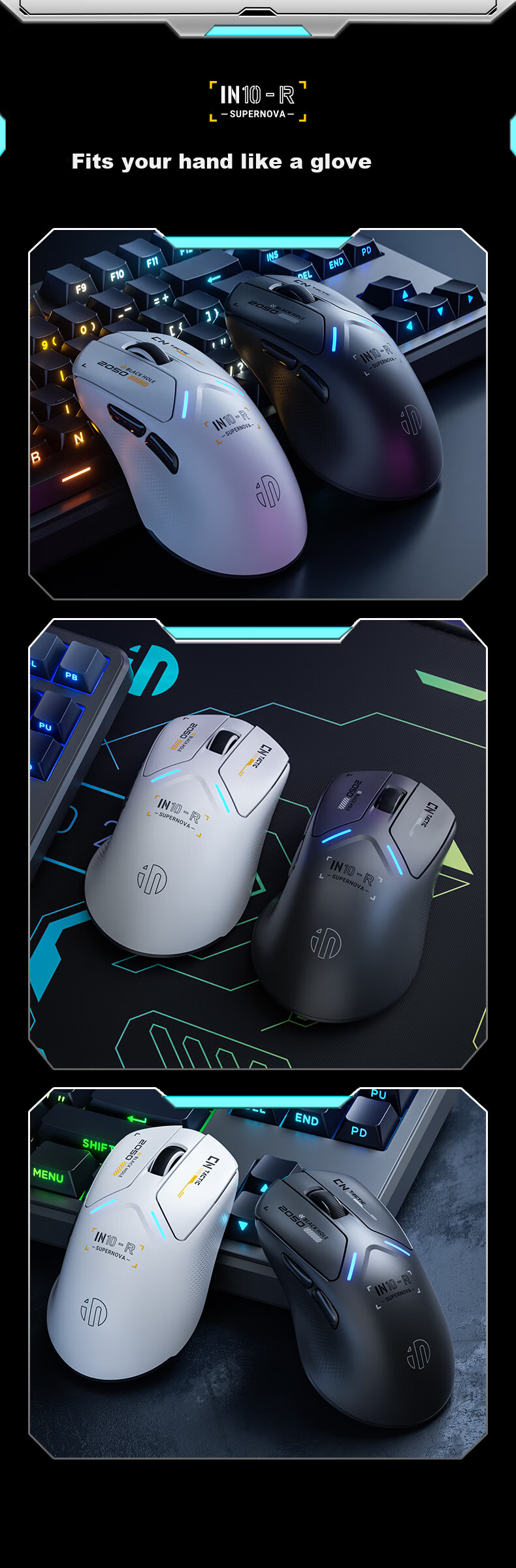 INPHIC IN10R Wireless Gaming Mouse Wired Bluetooth Tri-Mode PAW3395 Lightweight Right-Hand Ergonomic Claw Grip 26,000 DPI 8K Report Rate Starry White 9