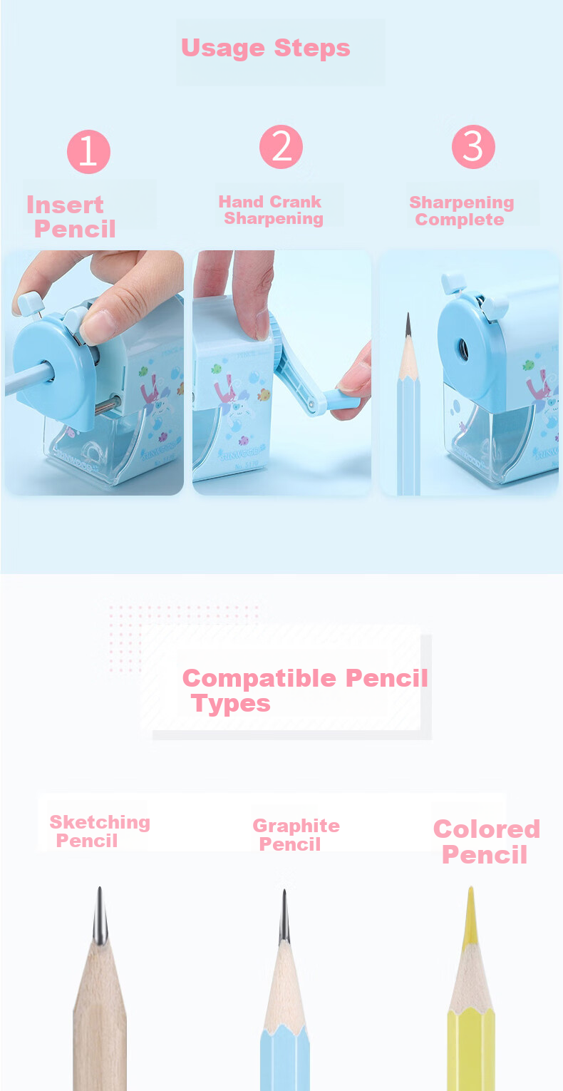 SUNWOOD Simple Manual Pencil Sharpener Cartoon Pencil Sharpener Student Crank Sharpener Blue 5170 6