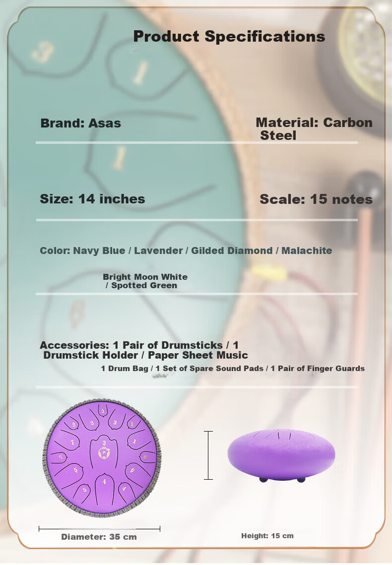 Asas Ethereal Drum 15-Note 14-Inch Adult Professional Beginner Upgraded Carbon Steel Tongue Drum Lotus Spotted Green 8