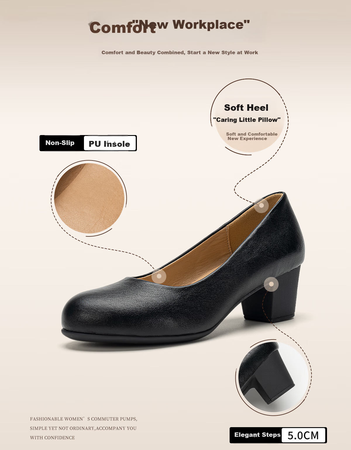 Warrior Black Work Shoes for Women Comfortable Long-Standing Office Shoes Chunky Heel Interview Leather Shoes Black Size 35 3