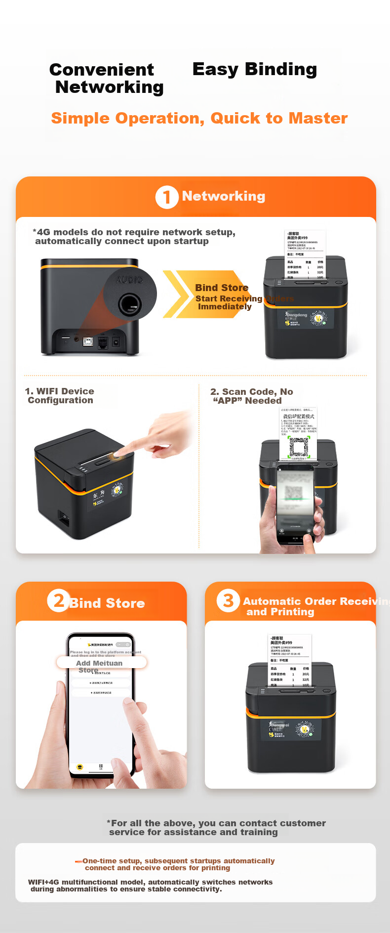 Dongwei Meituan Ele.me Fully Automatic Order Receiving Maiyatian Douyin Takeout Printer Wireless WIFI+Bluetooth Mobile Cloud Receipt Printer 5