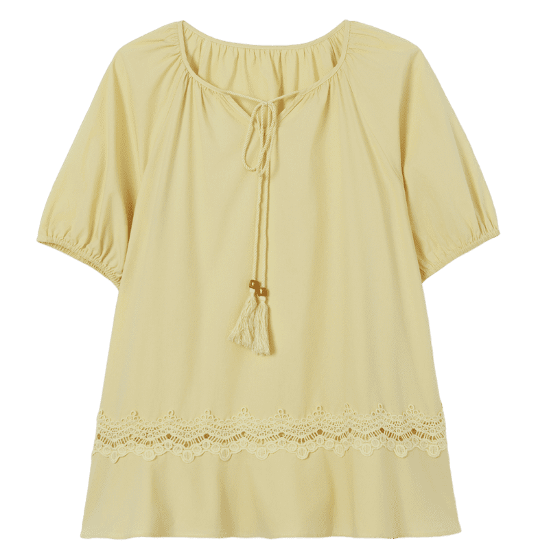 Demana Pure Cotton Tassel Tie Round Neck Shirt Women Summer New Lace Splicing Ruffle Loose Blouse