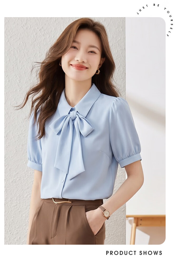Jeanswest Women's Summer Shirt with Ribbon Tie, Formal Wear, Premium Inner Layer, Interview and Professional Commuting Top, White Short Sleeve, 2XL 14