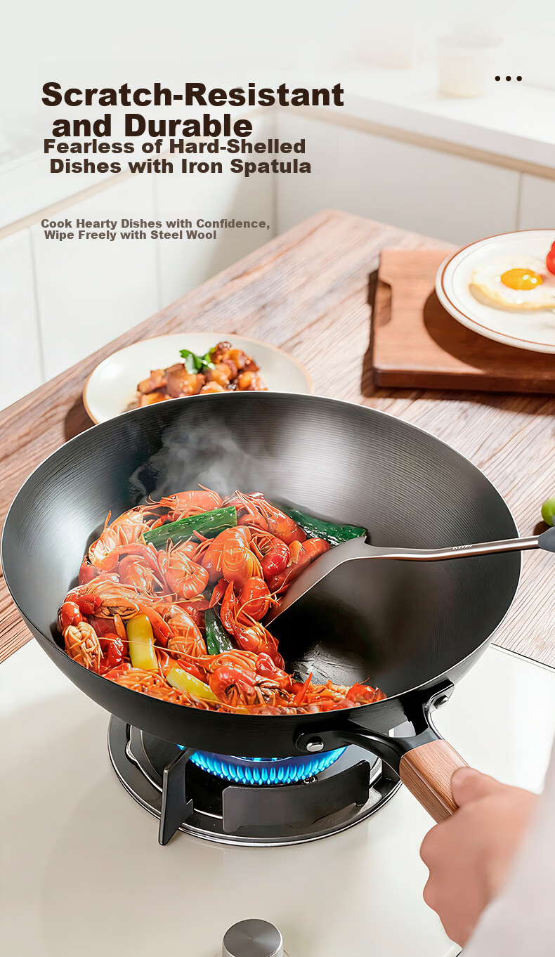 Tianxi 30cm Healthy Uncoated Ribbed Iron Wok Flat Bottom Non-Stick Stir Fry Pan Compatible with Open Flame Gas and Induction Cookers 13