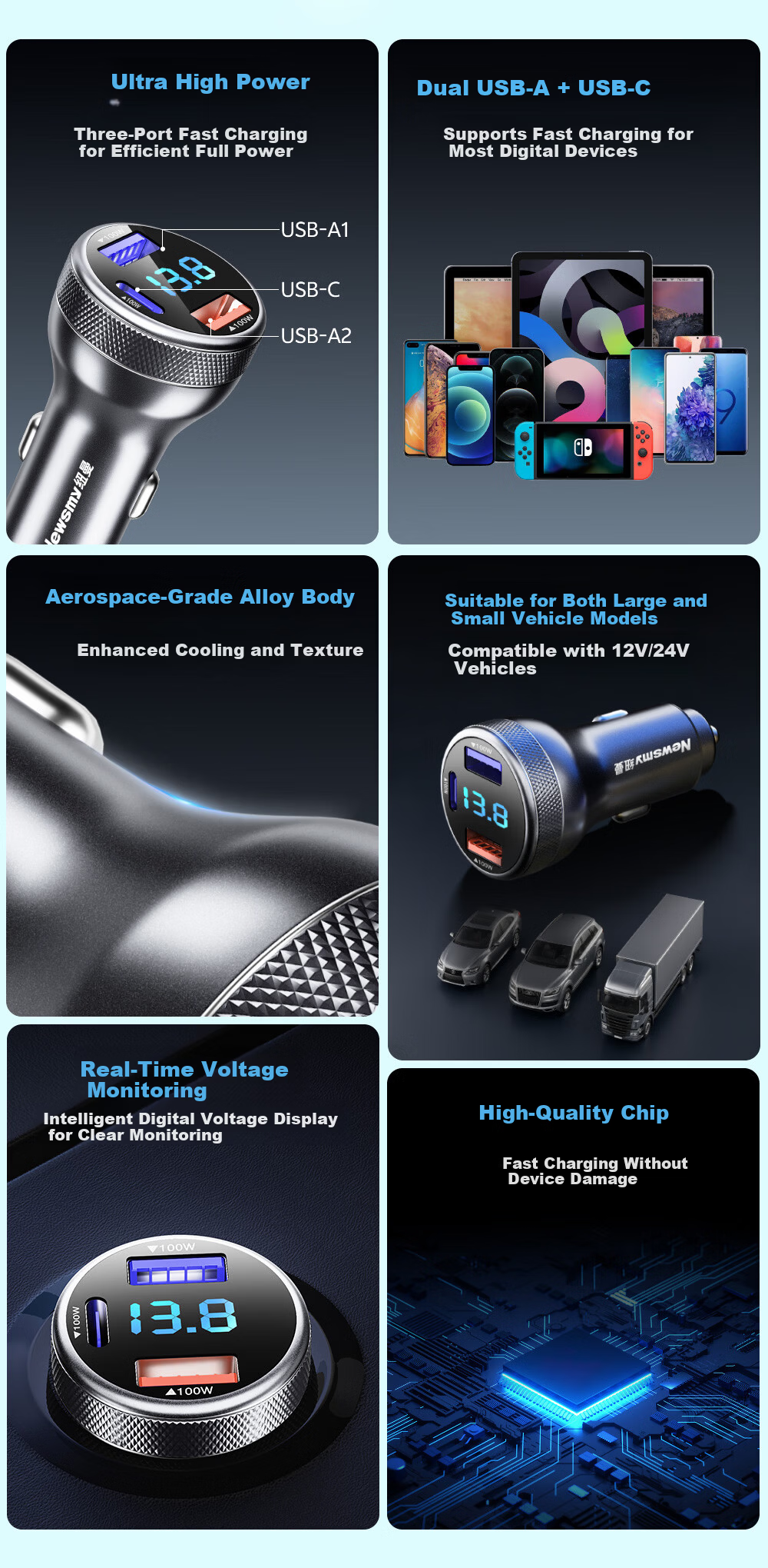 Newsmy 100W Super Fast Car Charger with Cable, Triple USB Port Cigarette Lighter Adapter, Type-C High Power Car Charger Compatible with Apple 17 2