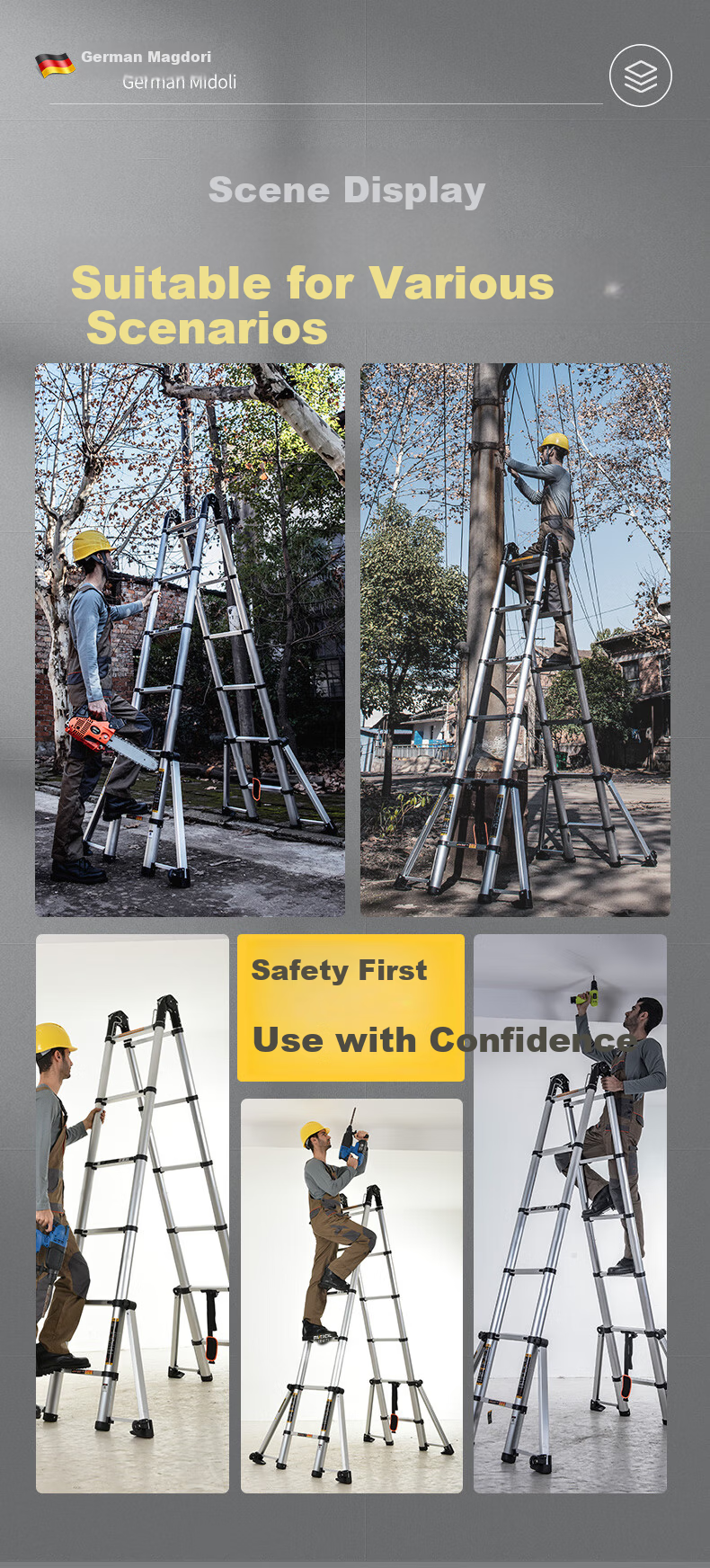 Midoli Telescopic Ladder Multi-Functional Household Folding Ladder Thickened Aluminum Alloy Adjustable Engineering Ladder Eight-Leg A-Frame Ladder 5.5m 15