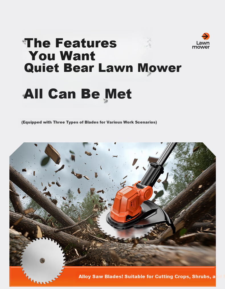 Quiet Bear Electric Lawn Mower Rechargeable Lithium Battery Fully Automatic High Power Garden Lawn Grass Trimmer 14