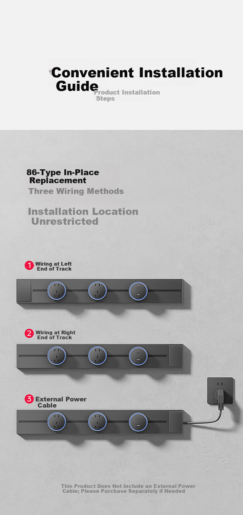 CHIGO Track Socket with Switch Master Control Ultra-thin High Power Wall-mounted Rail Socket Surface-mounted Movable Kitchen Slide Rail Socket 50cm + 3 Black Five-hole Outlets 16