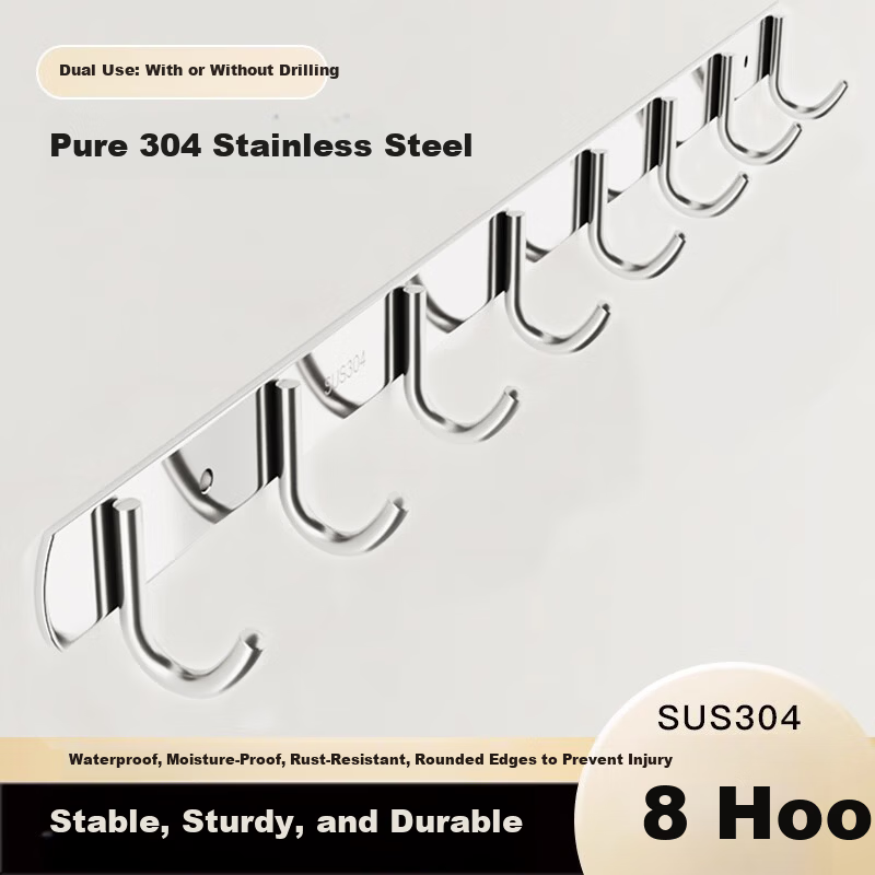 Baizi 304 Stainless Steel Wall-Mounted Clothes Hooks, No-Drill Thickened Bathroom Door Storage Rack, 8 Hooks Adhesive Hooks