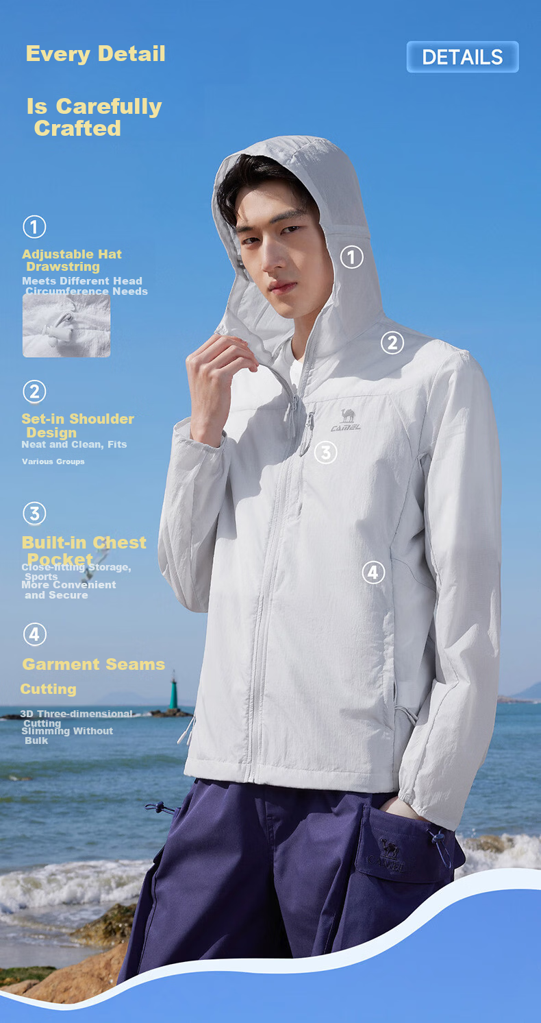 CAMEL Snow Shell Sunscreen Jacket Unisex Ice Cooling Water-Repellent Sports Coat C15BAYL6016D Light Blue L 15