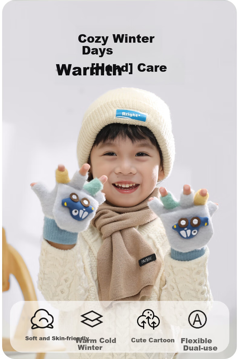 Aibaoqi Children's Winter Warm Flip Half Finger Gloves Boys Thickened Writing Fingerless Gloves T238 Blue 2