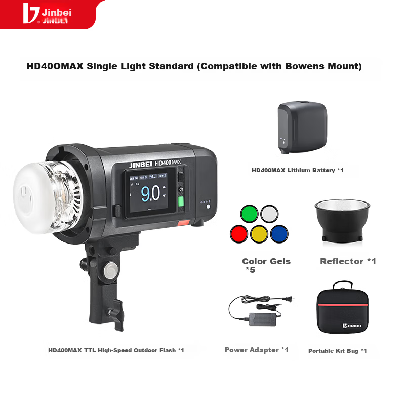 JINBEI HD400MAX Portable Outdoor Flash 400W Upgraded Handheld Lithium Battery Photography Light High-Speed Sync TTL Auto Metering Built-in Wireless Receiver Bilingual Touch Screen