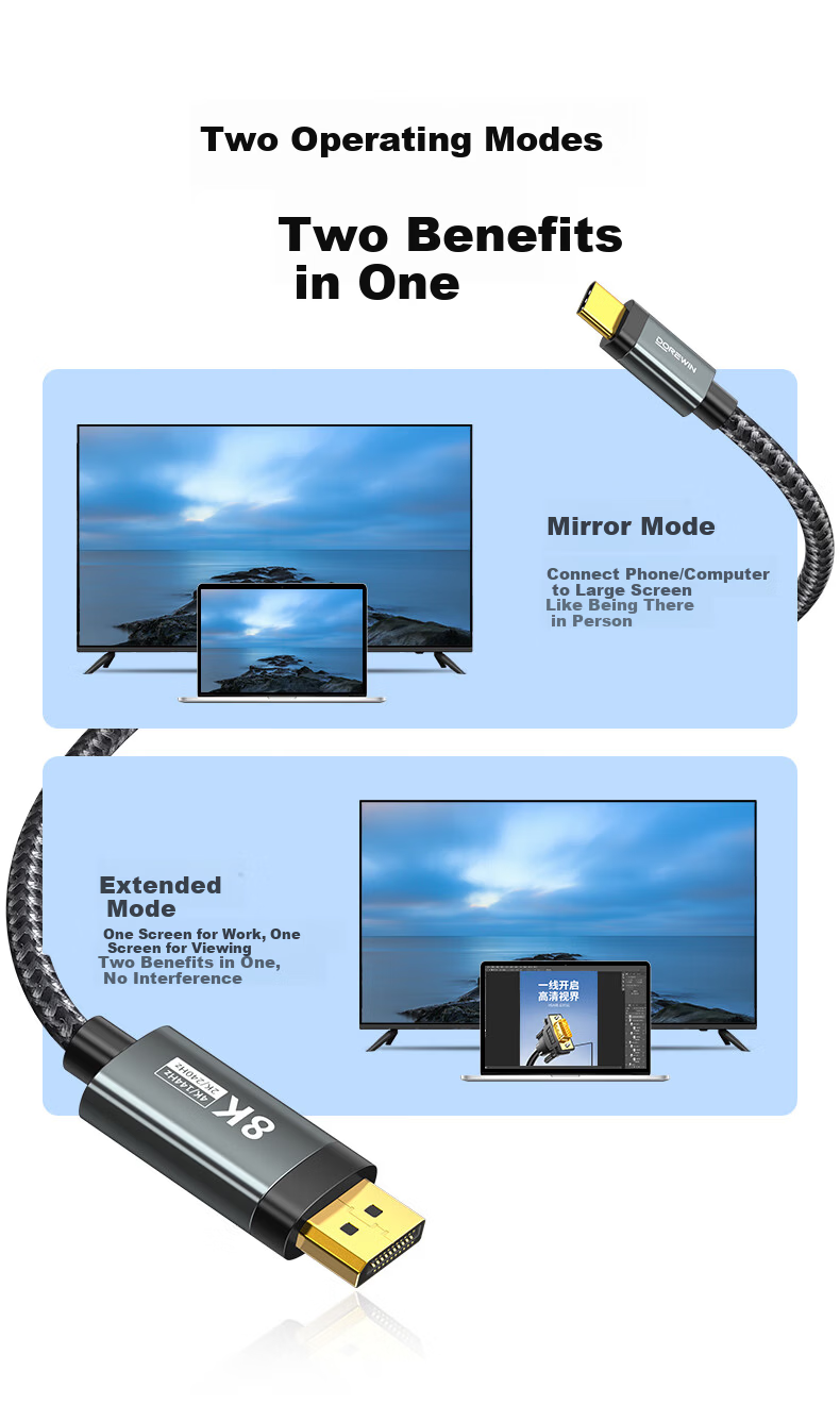 DOREWIN Type-C to DP1.4 Adapter USB-C Converter 8K60/4K240Hz Display Cable for MacBook Laptop Phone Monitor 17