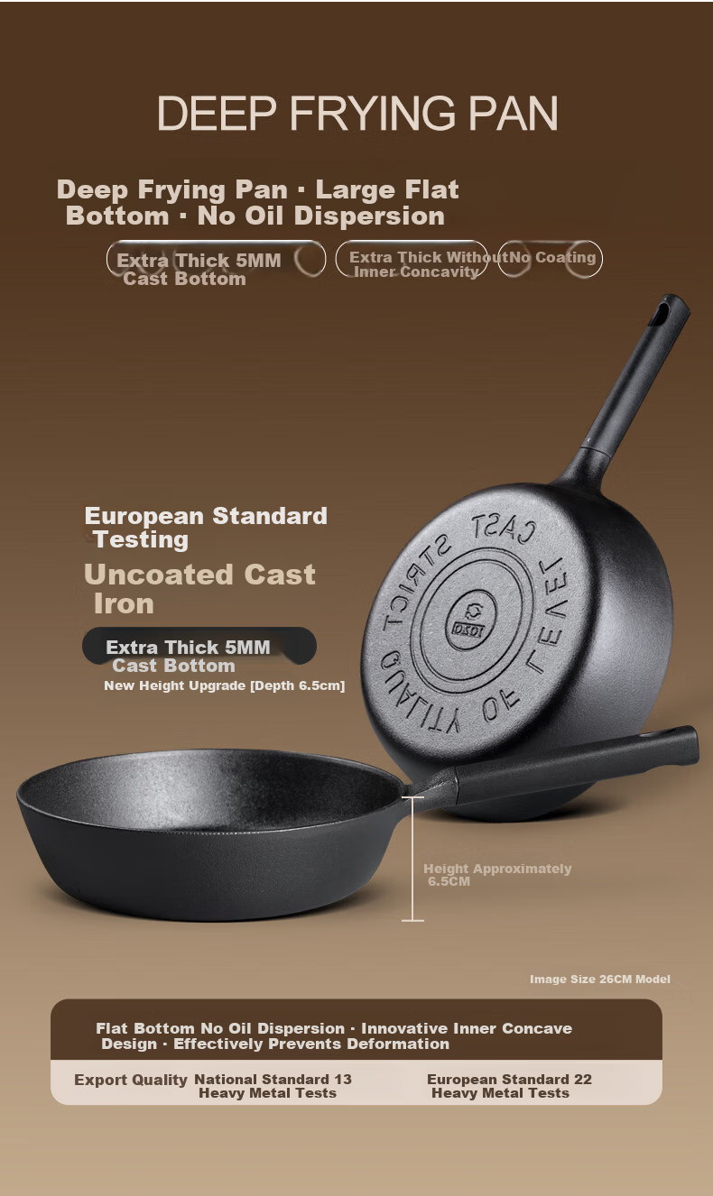 Jiu Zhu Gold Label 26cm Deep Frying Pan Cast Iron Skillet Flat Bottom Non-Coated Non-Stick Gas Stove Induction Cooker Frying Pan 4