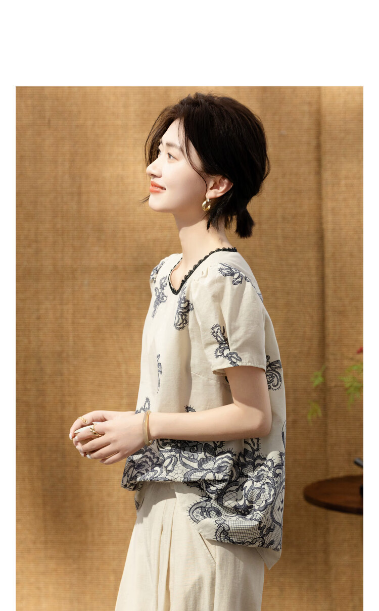 Demana [Oxygen Pure Cotton] Summer Elegant Style Round Neck Lace Printed A-Line Slimming Concealing Shirt for Women Premium Feel 10