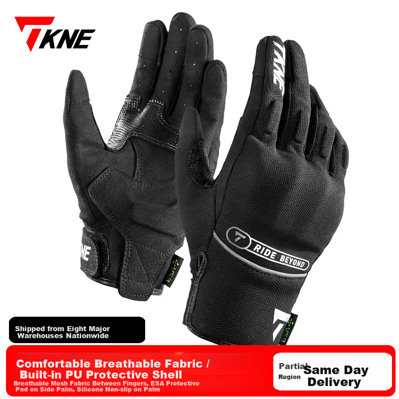 TKNE Summer Motorcycle Gloves Thin Off-Road Riding Anti-Fall Breathable Touchscreen Protective Rider Gear Black XL