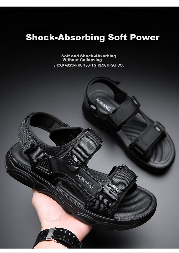Aokang Men's Beach Sports Sandals Casual Velcro Sandals Black Size 42 10
