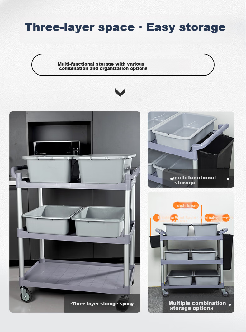 Temeiju 3-Tier Mobile Serving Cart Large Dining Cart Commercial Kitchen Restaurant Utility Trolley 4